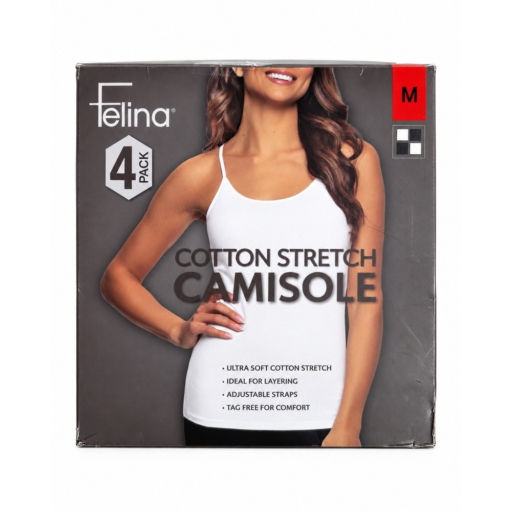 Felina 4 Pack Cotton Stretch Camisole Adjustable Straps Black White Medium C2896